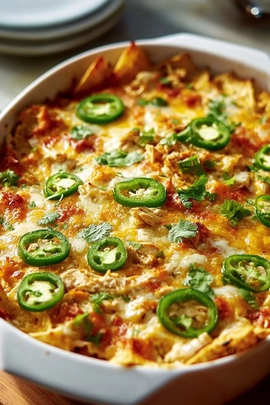 Bubbly chicken tortilla bake served in a dish with melted cheese and toppings