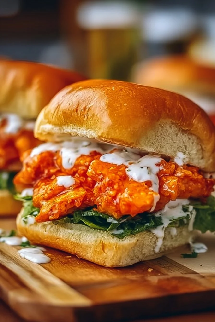 Delicious Buffalo Chicken Sandwich with lettuce and blue cheese on a toasted bun