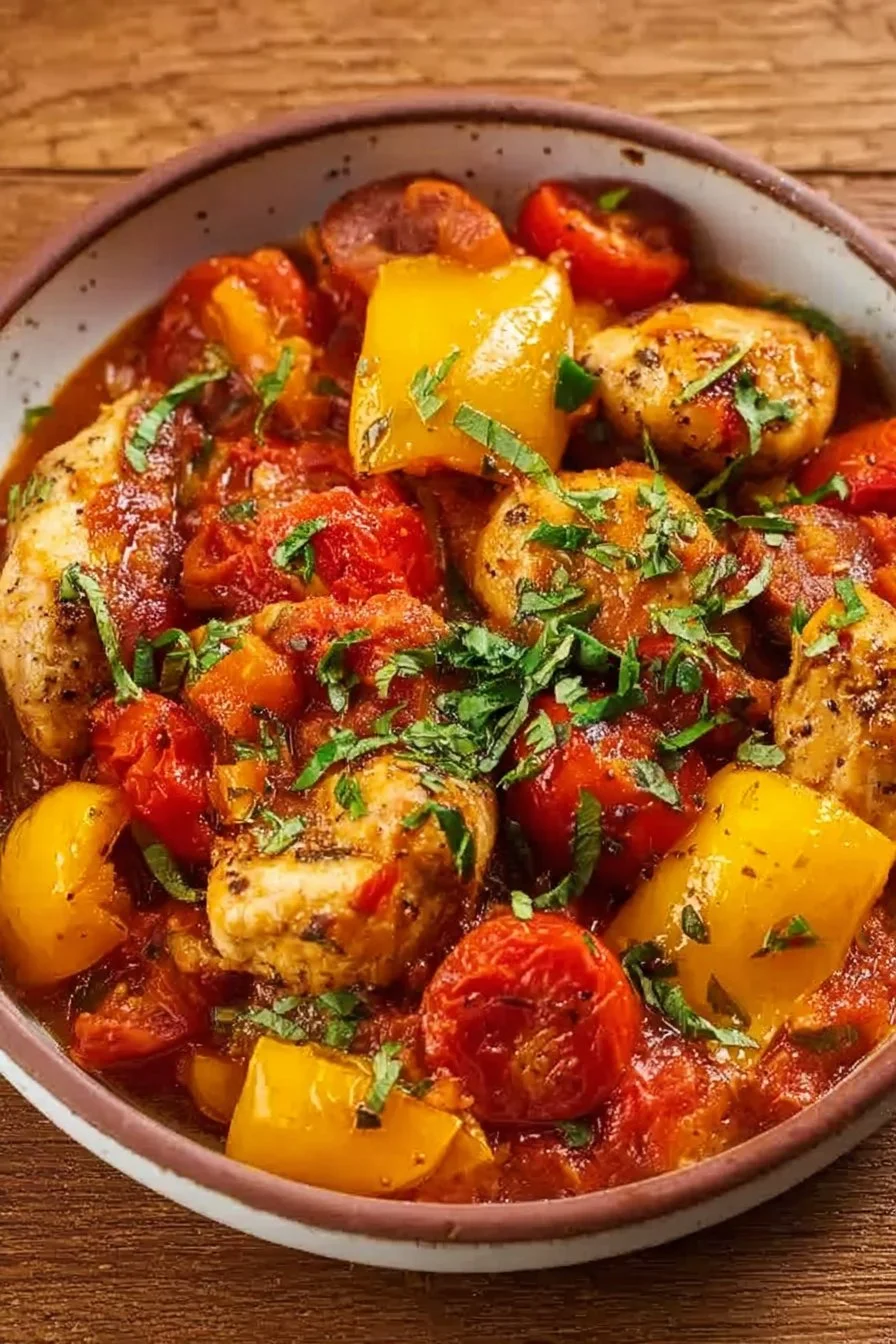 Capsicum Tomato Chicken with Chorizo prepared in a skillet for a quick dinner.