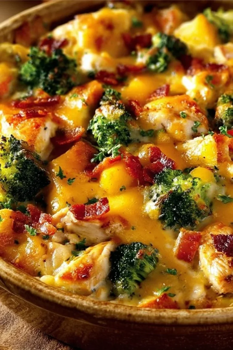 Cheesy Bacon Chicken Casserole topped with crispy bacon and melted cheese