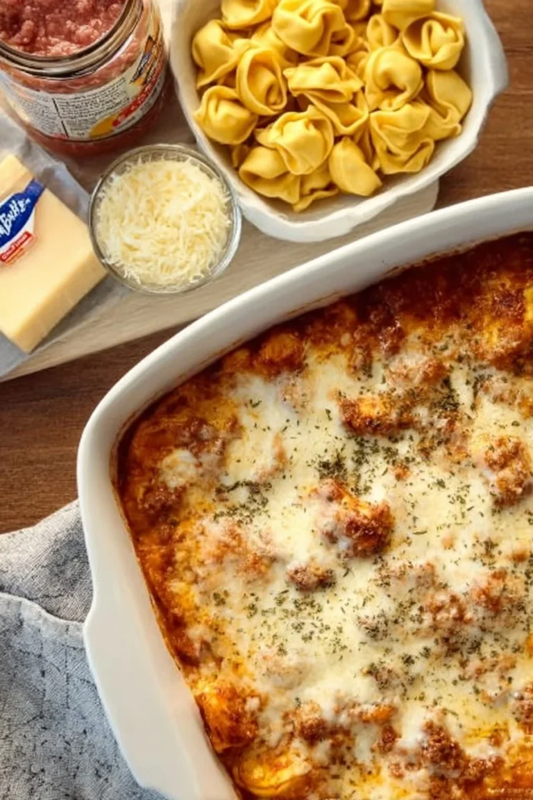 Cheesy baked tortellini casserole with meat sauce served in a baking dish.