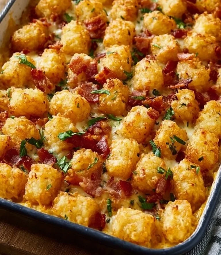Cheesy Chicken Bacon Ranch Tater Tot Bake ready to serve in a baking dish