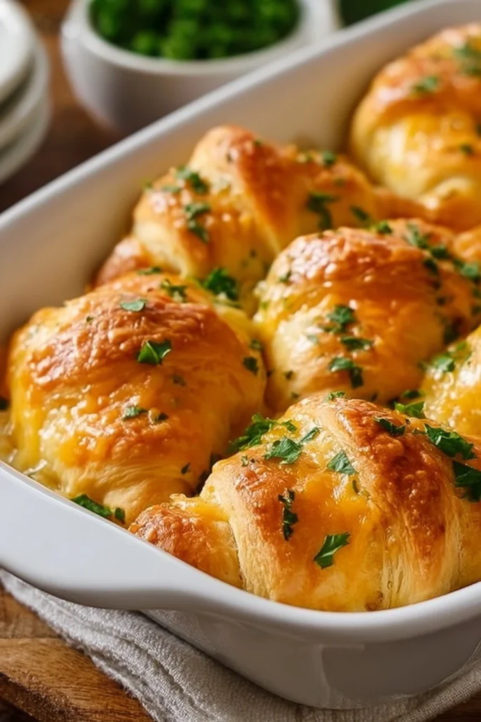 Cheesy chicken crescent rolls on a plate, garnished with herbs