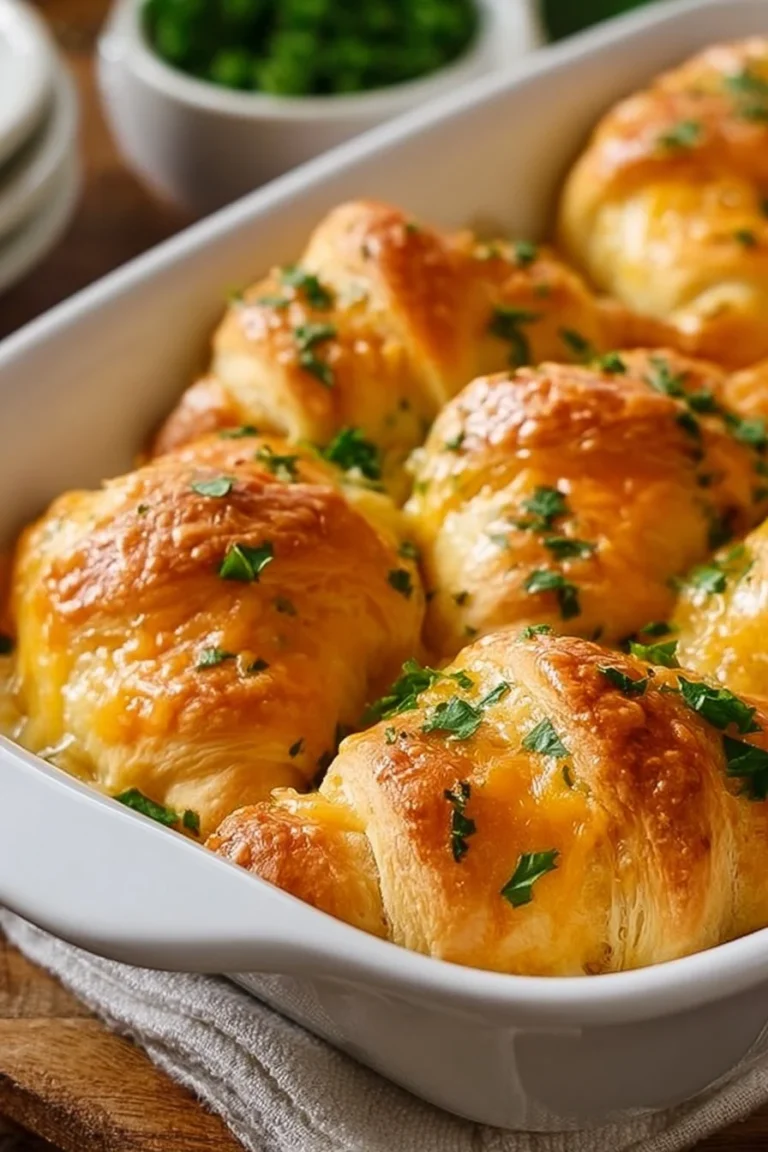 Cheesy chicken crescent rolls on a plate, garnished with herbs