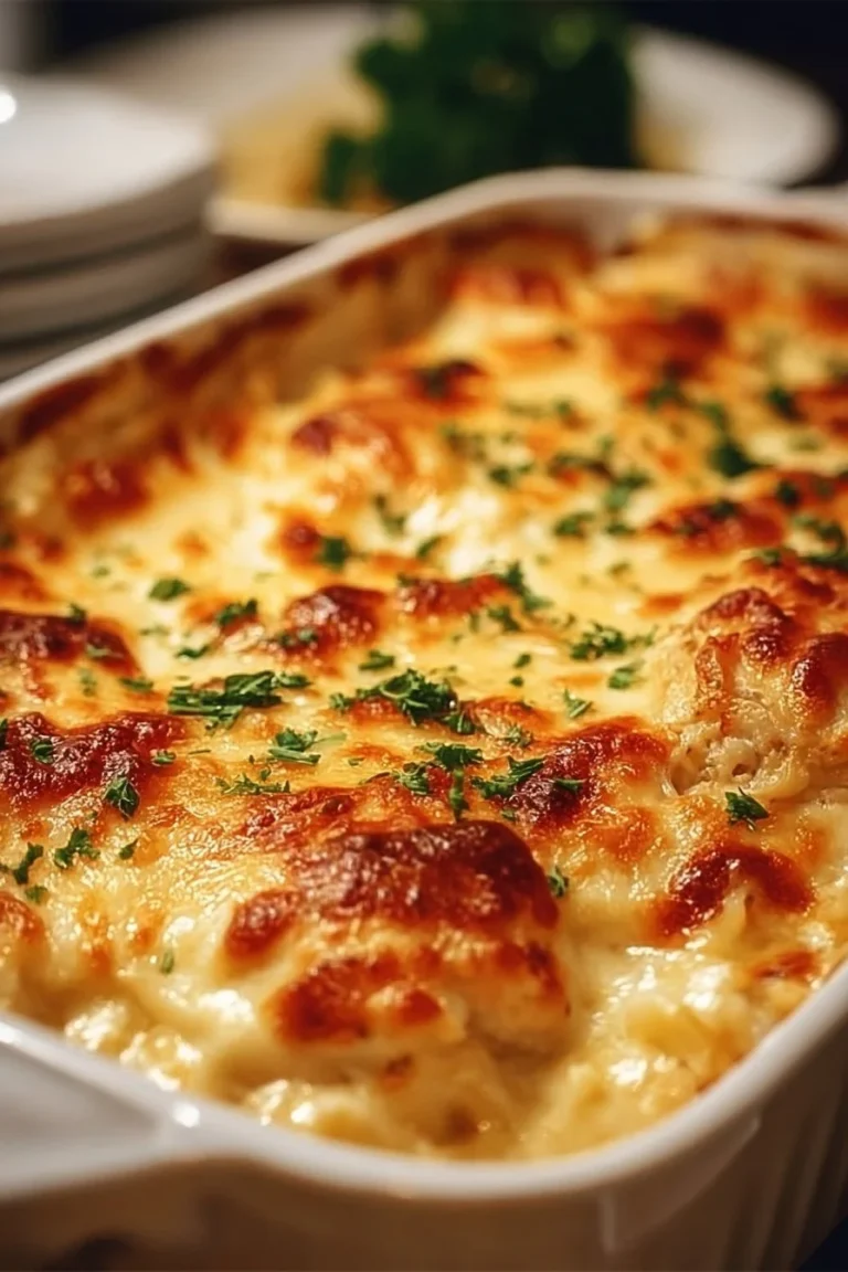 Cheesy Mozzarella Chicken Bake served on a plate with fresh herbs