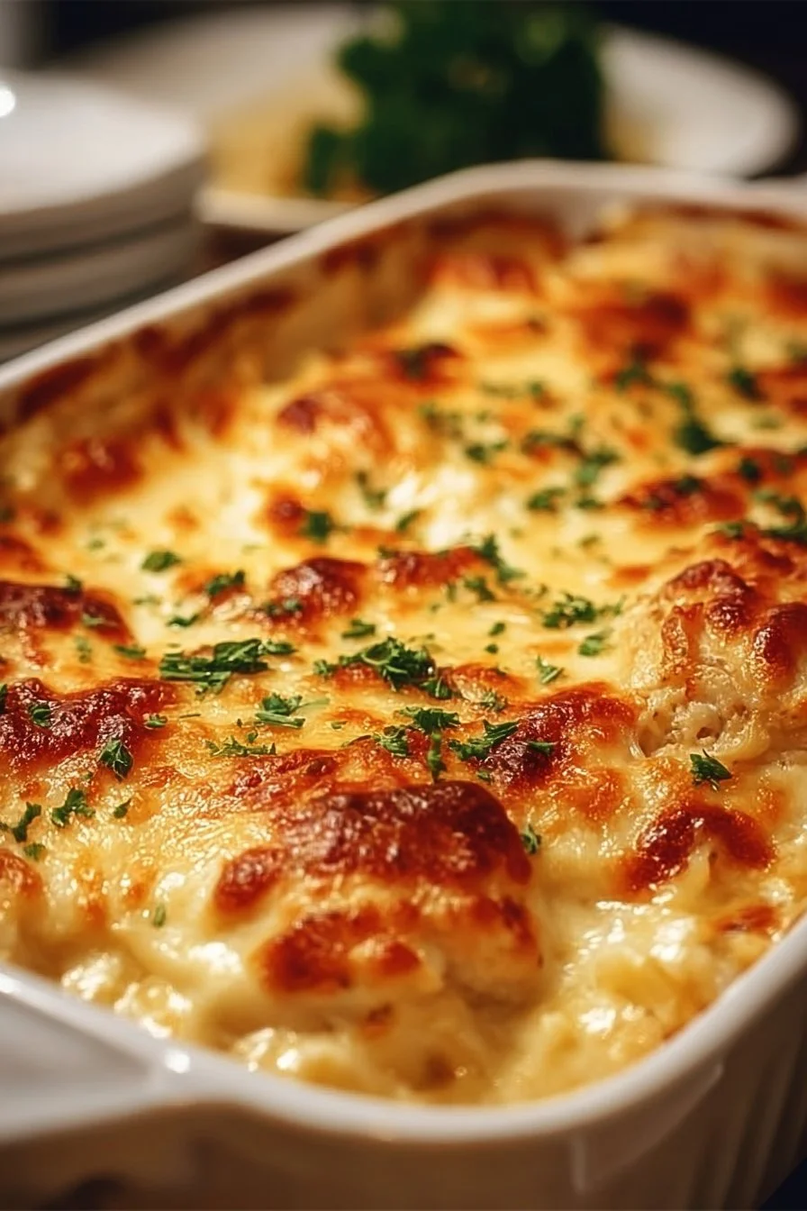 Cheesy Mozzarella Chicken Bake served on a plate with fresh herbs