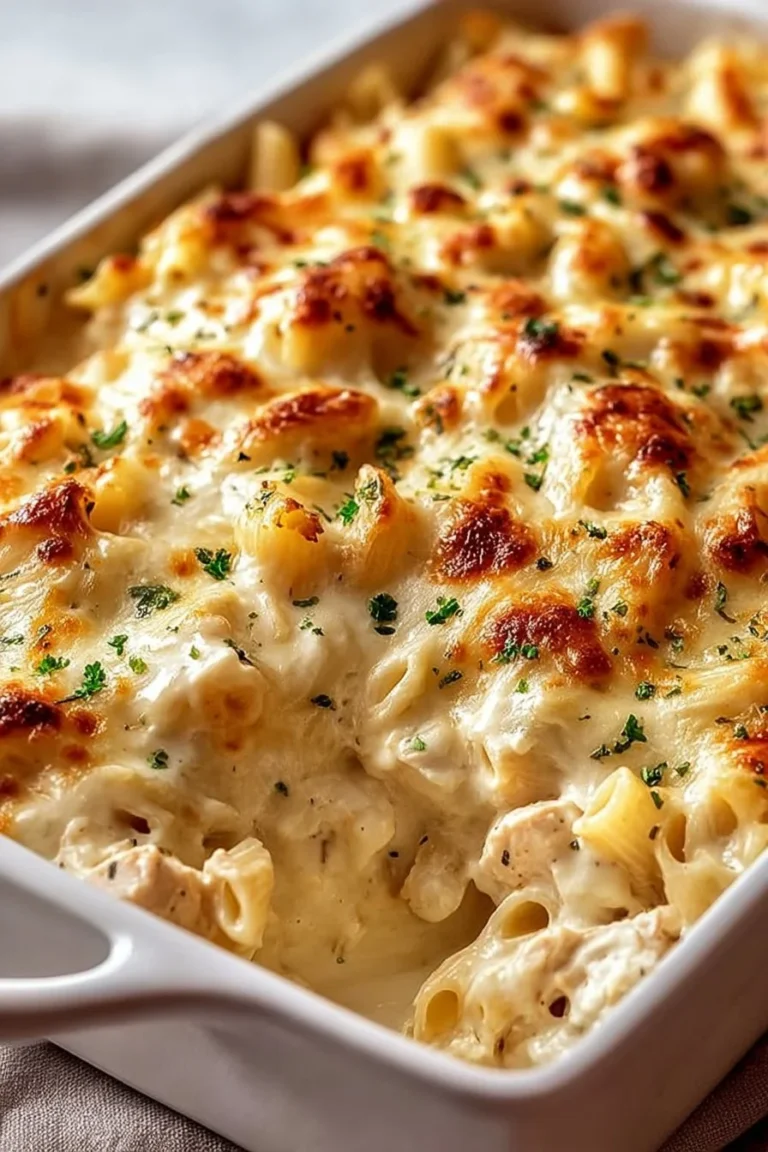 Creamy Chicken Alfredo Casserole topped with cheese and herbs in a baking dish