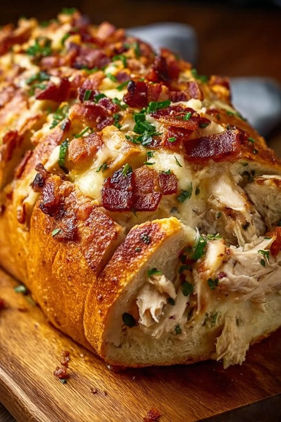 Chicken Bacon Ranch Stuffed Bread with melted cheese and crispy bacon