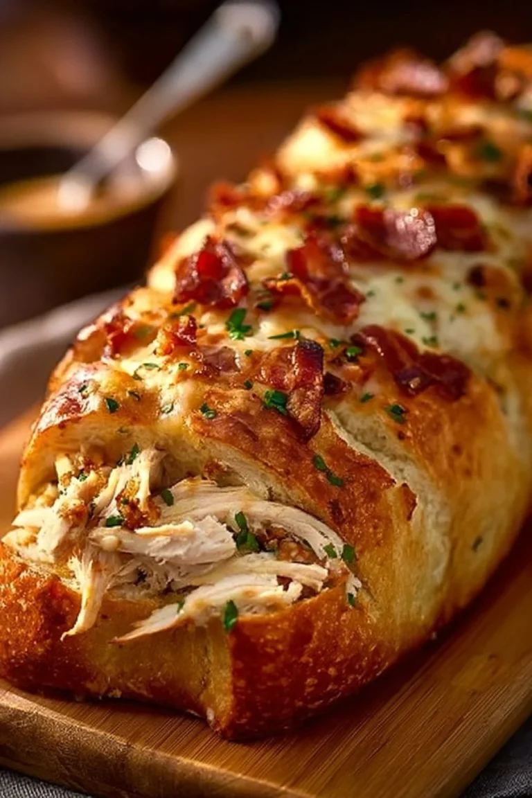 Delicious Chicken Bacon Ranch stuffed bread with melted cheese and crispy bacon