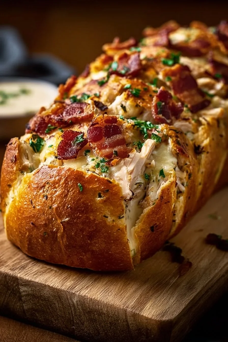 Delicious Chicken Bacon Ranch Stuffed Bread with melted cheese and crispy bacon