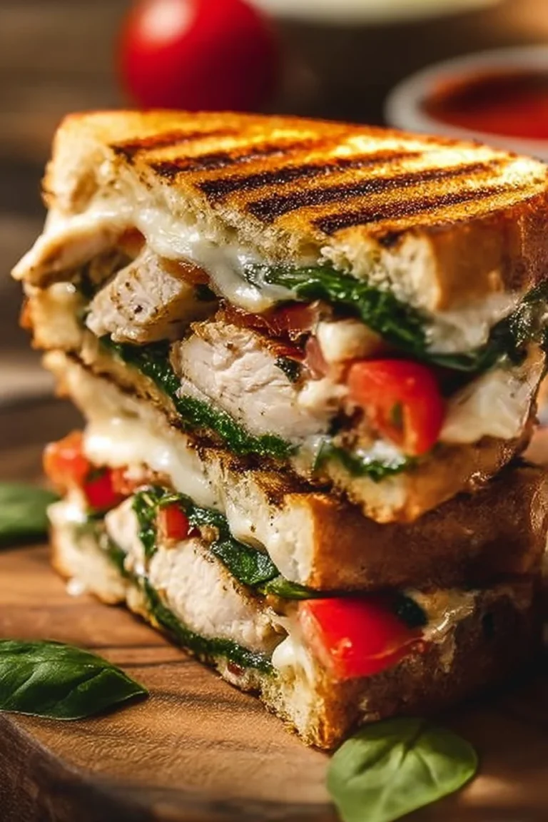 Chicken Caprese Panini stacked with grilled chicken, basil, and mozzarella
