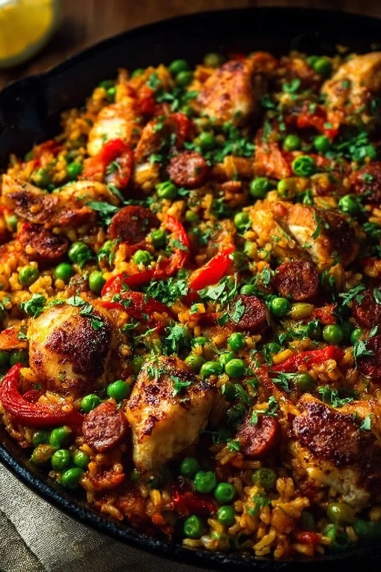 Delicious Chicken & Chorizo Paella served in a traditional pan with colorful ingredients