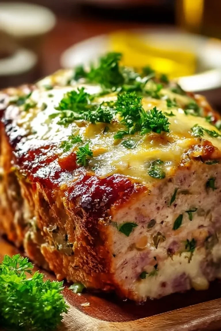 Delicious Chicken Cordon Bleu Meatloaf with ham and cheese filling