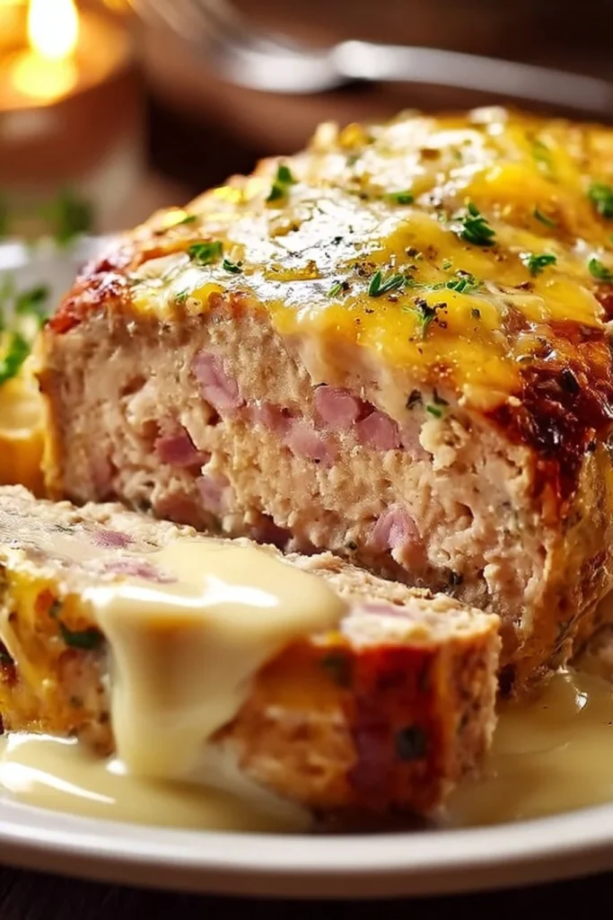 Delicious Chicken Cordon Bleu meatloaf sliced on a plate