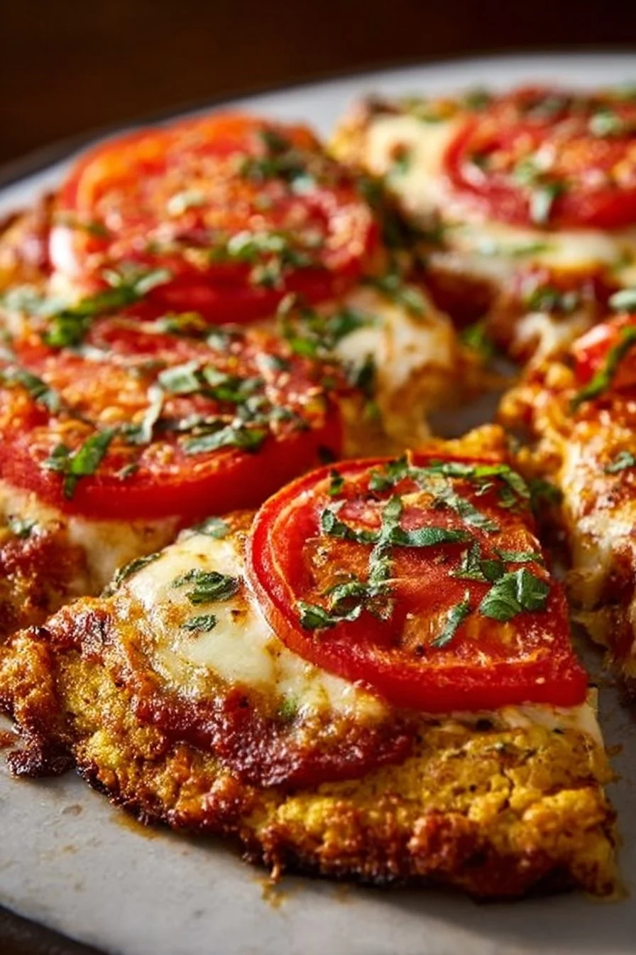 A delicious Chicken Crust Pizza topped with fresh ingredients and melted cheese
