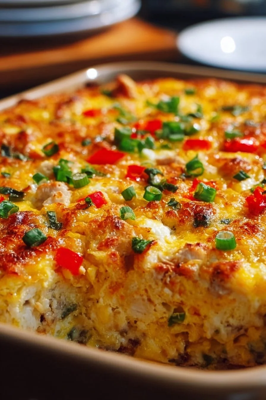 Delicious Chicken, Egg, and Hash Brown Breakfast Bake ready to serve.