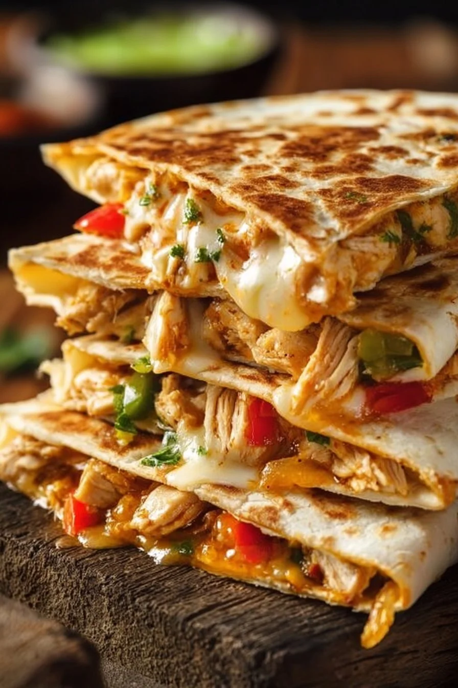 Delicious homemade chicken quesadillas served with salsa and guacamole.