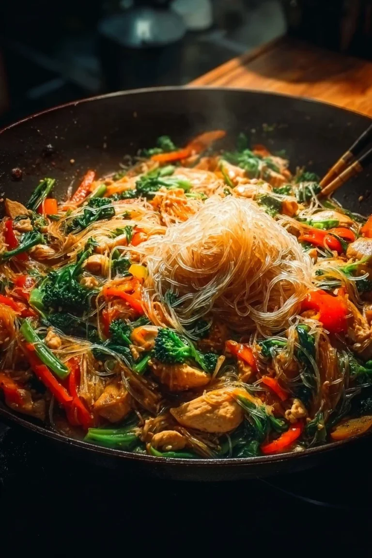 Delicious chicken stir-fry with rice noodles and colorful vegetables