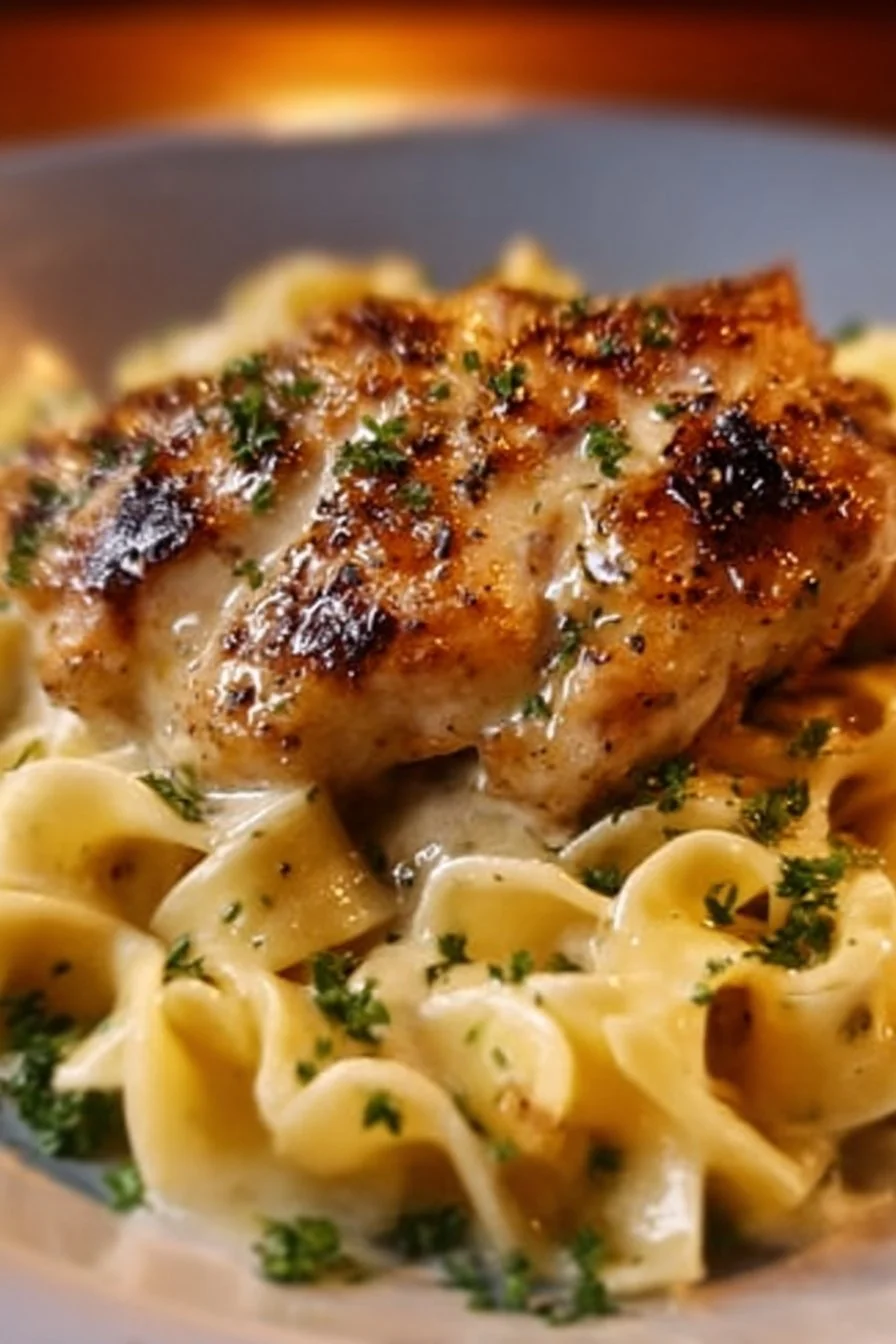 Plate of Chicken with Buttered Noodles garnished with herbs