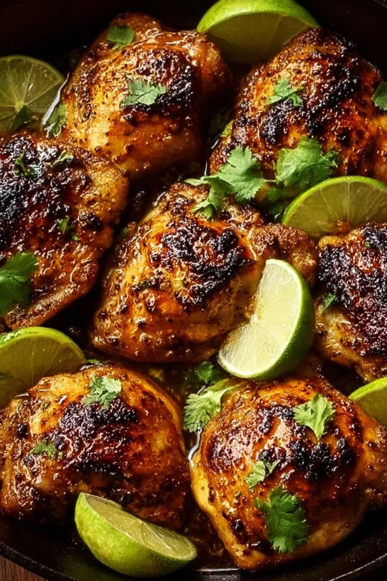 Deliciously grilled Chili Lime Chicken Thighs garnished with lime slices.
