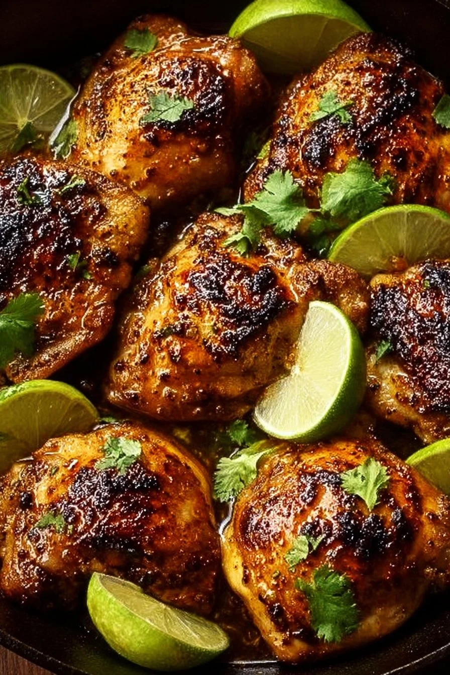 Deliciously grilled Chili Lime Chicken Thighs garnished with lime slices.