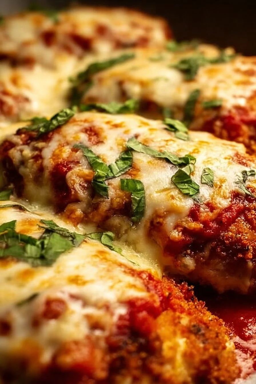 Classic Chicken Parmigiana with melty mozzarella cheese on a plate