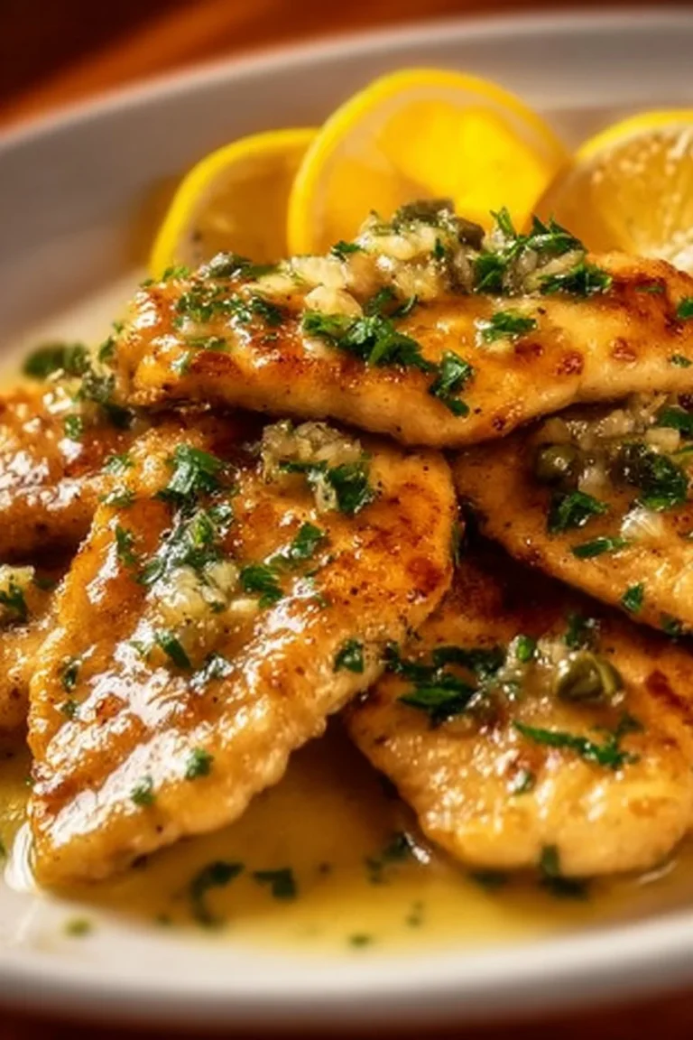 Delicious Classic Chicken Piccata garnished with lemon and capers on a plate.