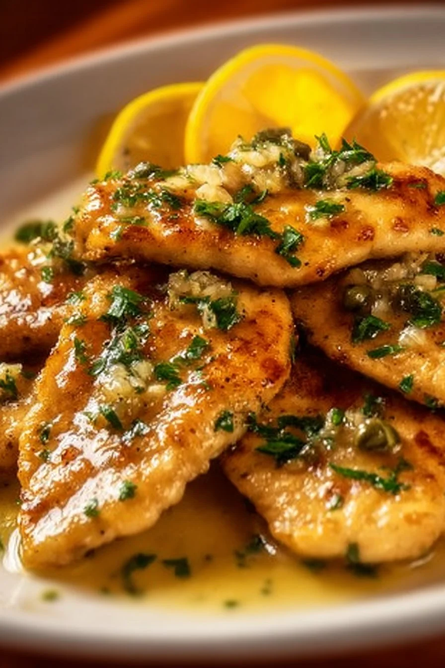Delicious Classic Chicken Piccata garnished with lemon and capers on a plate.