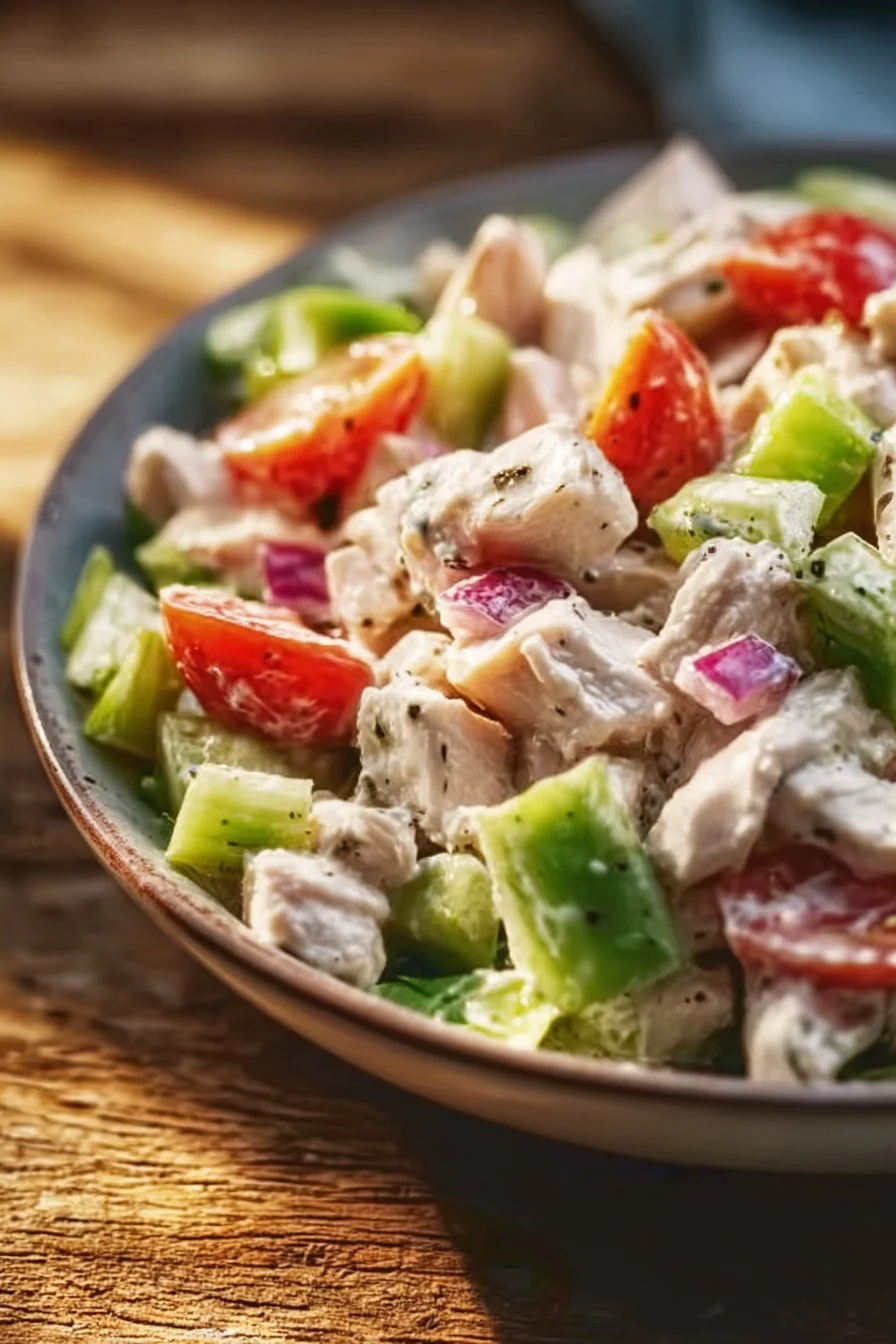 Delicious classic chicken salad served in a bowl with fresh ingredients