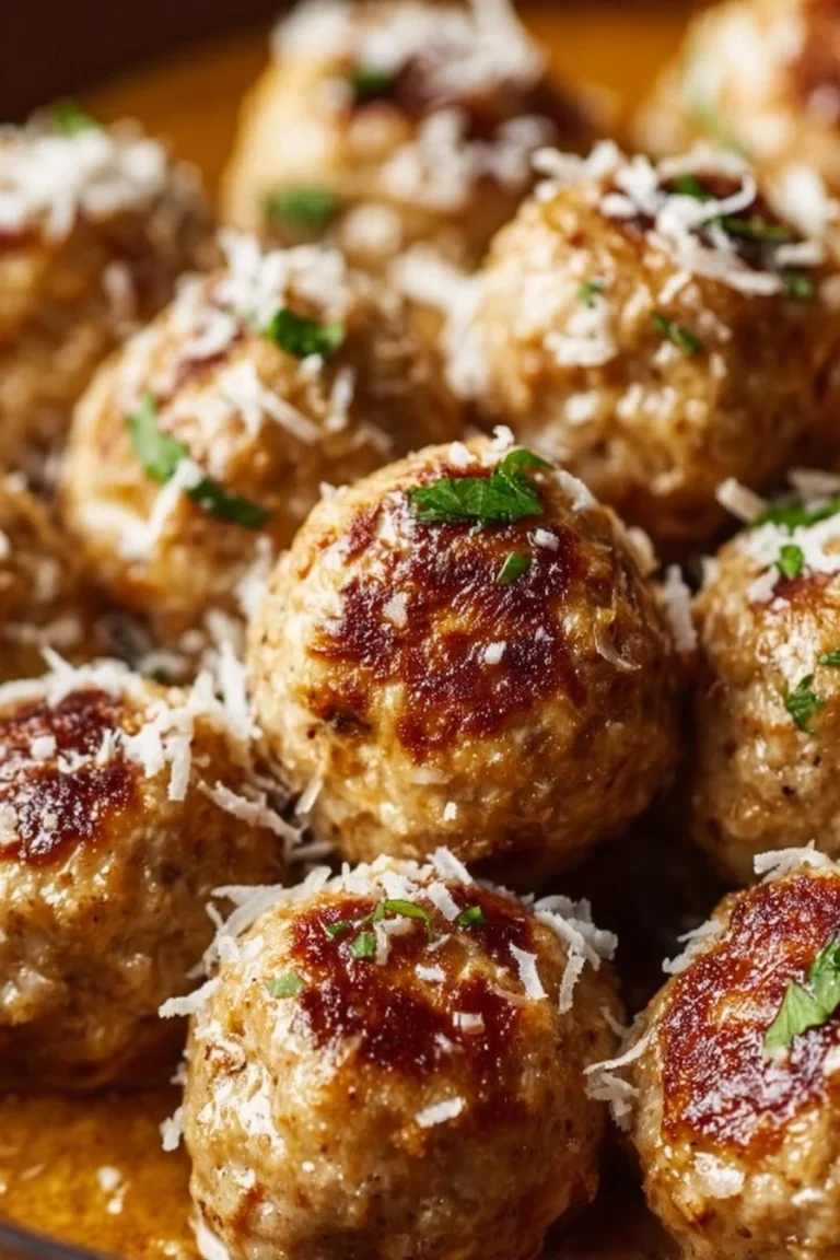 Coconut Chicken Meatballs served on a plate with fresh herbs