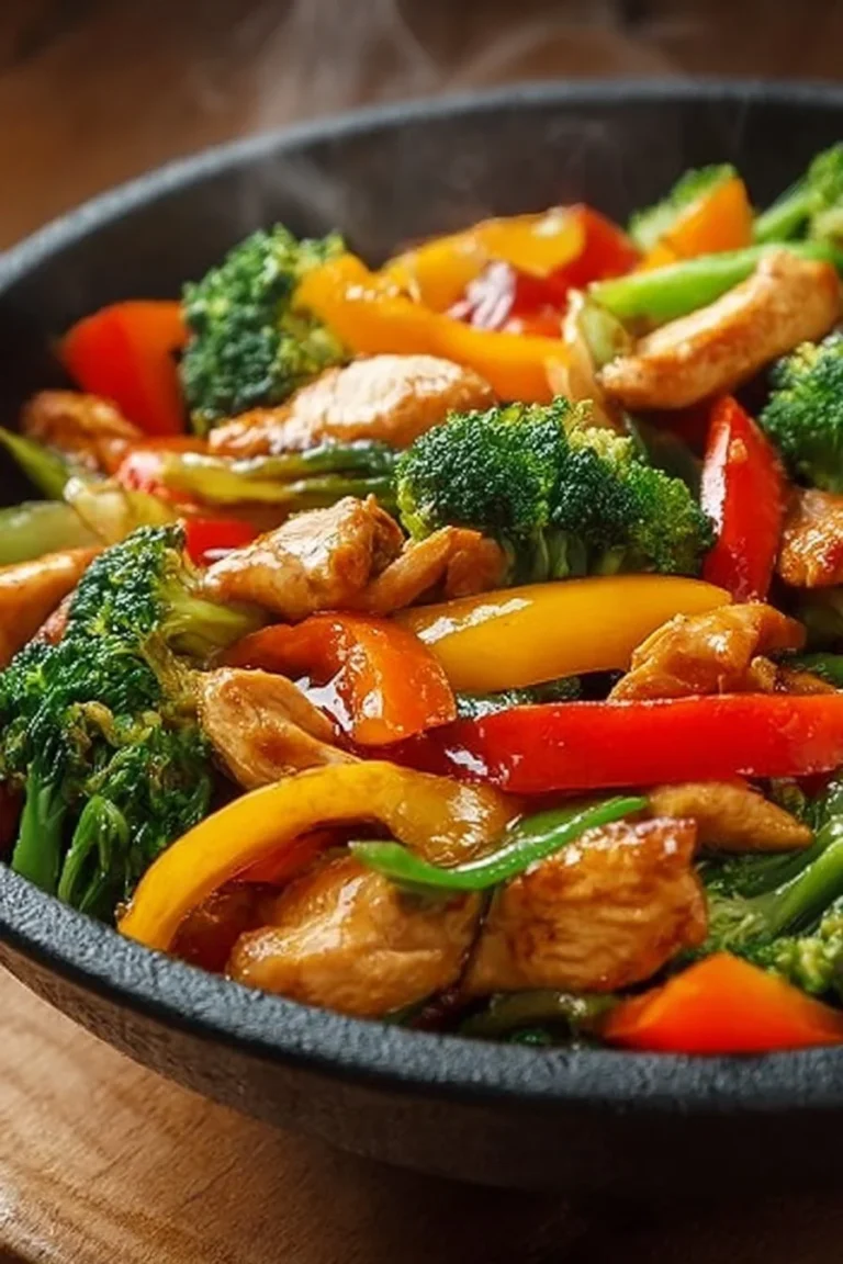 Vibrant colorful chicken stir-fry with assorted vegetables in a bowl.