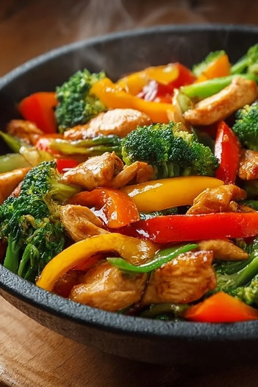 Vibrant colorful chicken stir-fry with assorted vegetables in a bowl.