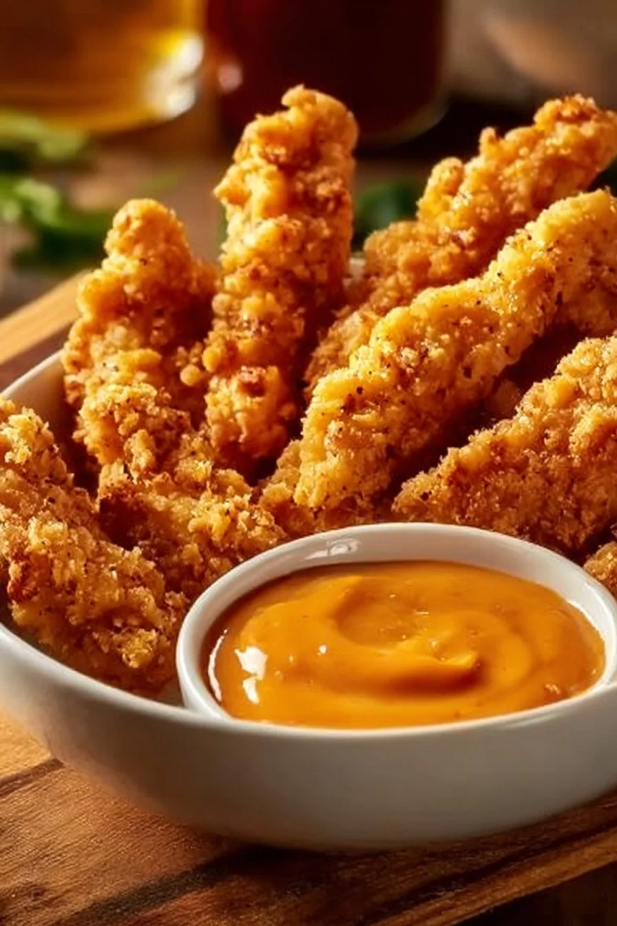 Homemade copycat Raising Cane’s chicken fingers on a plate with dipping sauce.