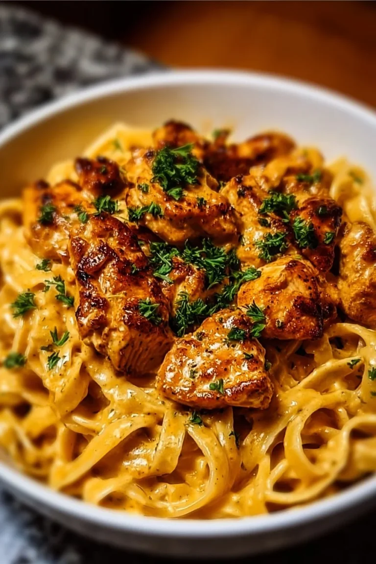 A creamy bowl of Cowboy Butter Chicken Pasta with herbs and spices.