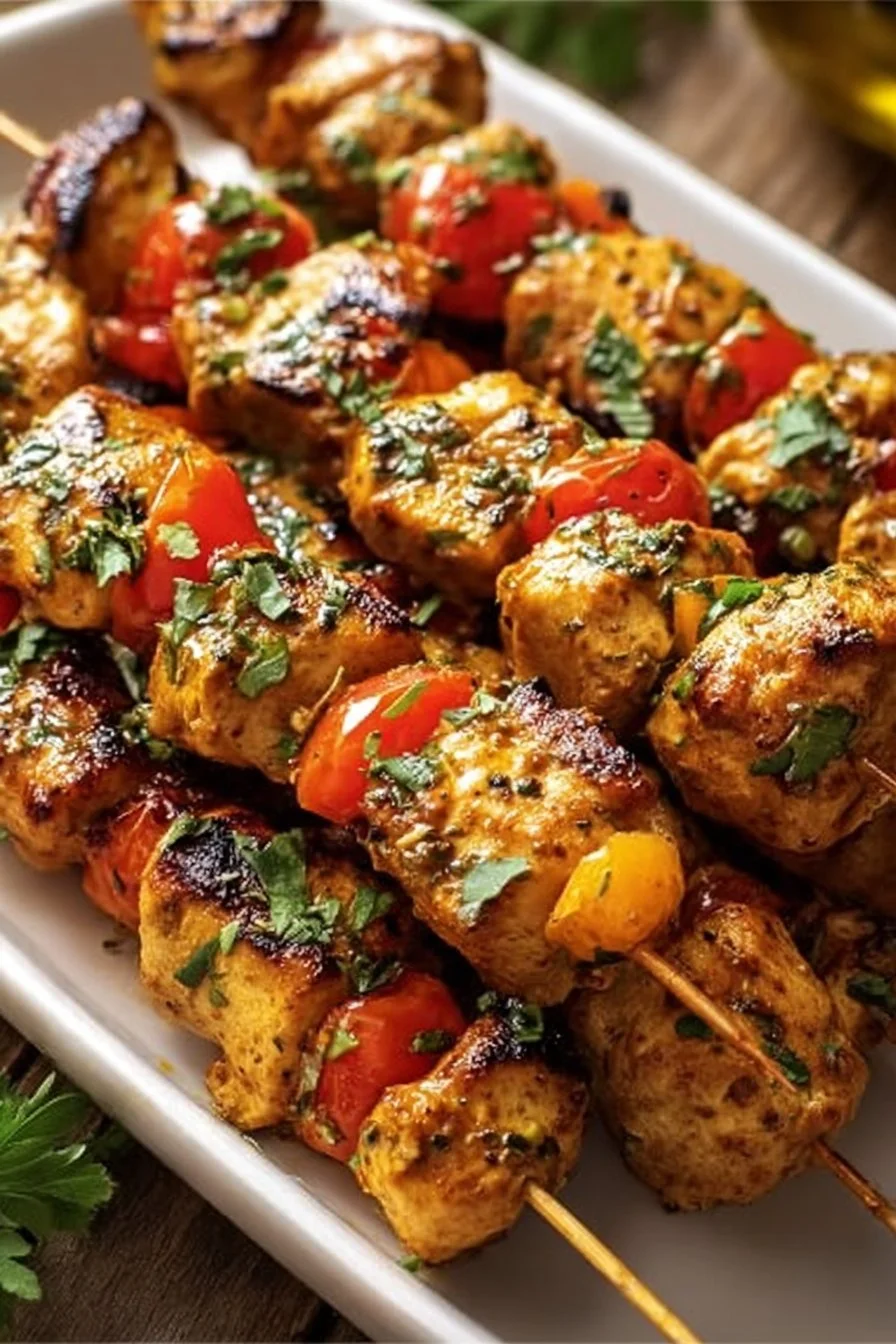 Cowboy Butter Chicken Skewers served on a platter with vibrant vegetables