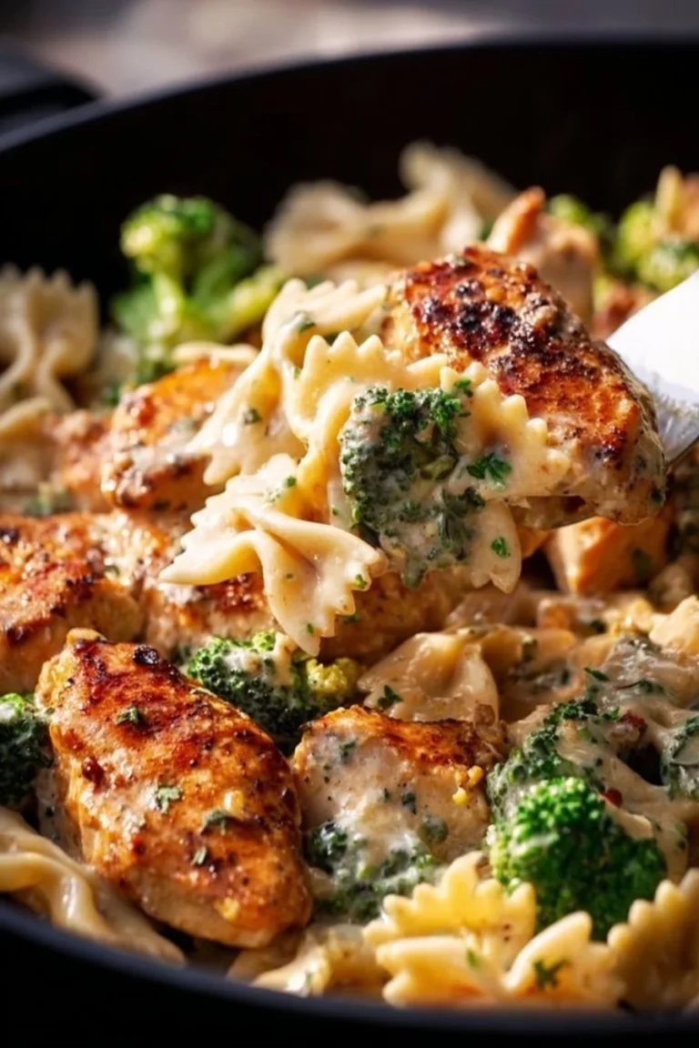 Cowboy Butter Lemon Bowtie Chicken served with fresh broccoli on a plate
