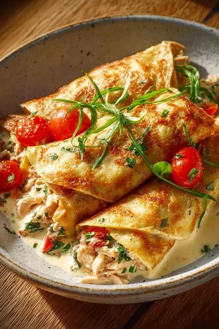 Creamy chicken crepini rolls served on a plate with garnishes.