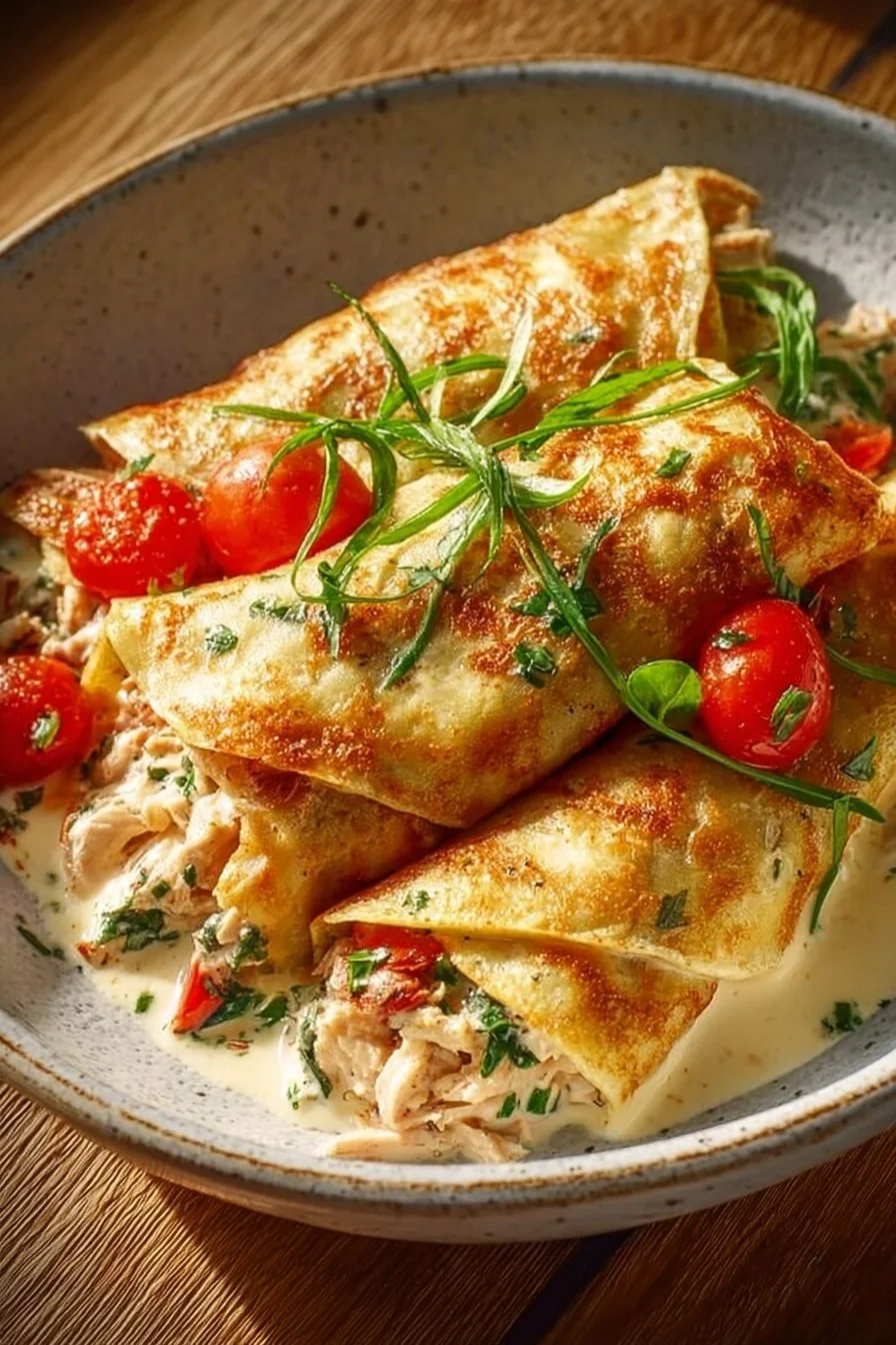 Creamy chicken crepini rolls served on a plate with garnishes.