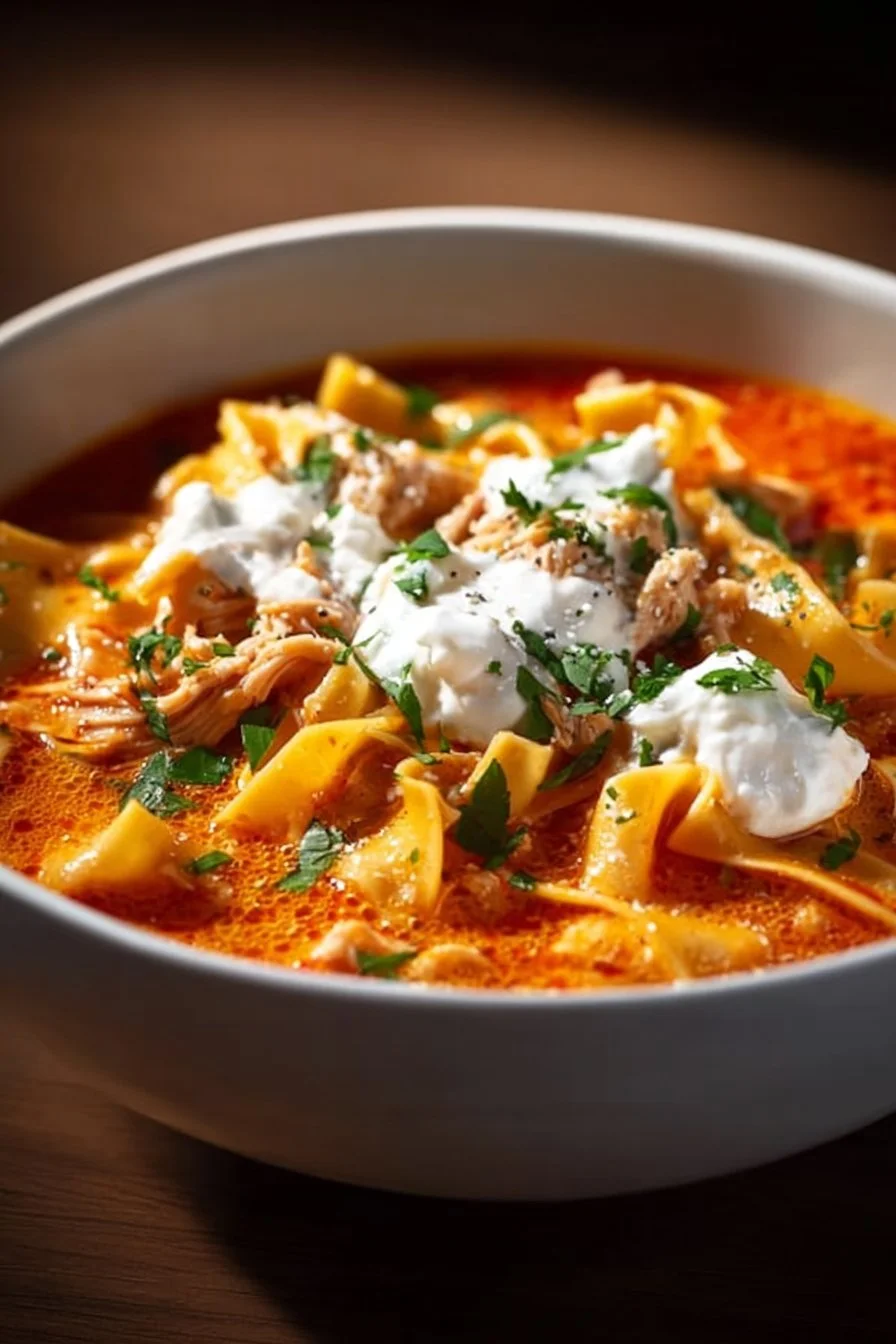 Bowl of creamy chicken lasagna soup garnished with parsley and cheese