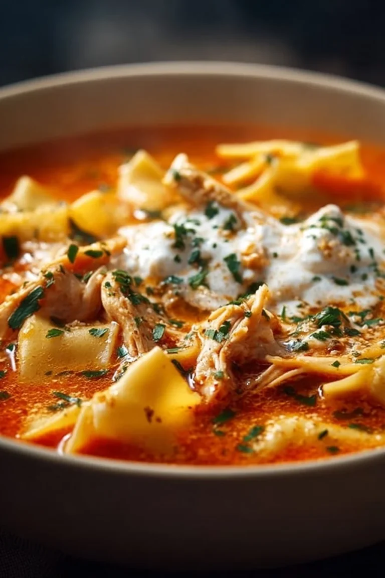 Creamy chicken lasagna soup served in a bowl with cheese and herbs