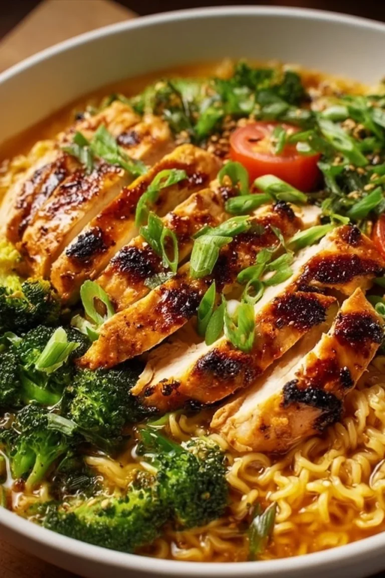 Delicious creamy chicken ramen casserole ready to serve in a baking dish.