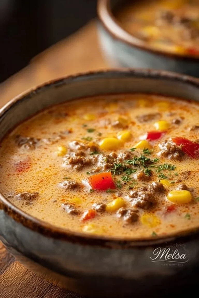 Bowl of creamy cowboy soup topped with herbs and served with bread.
