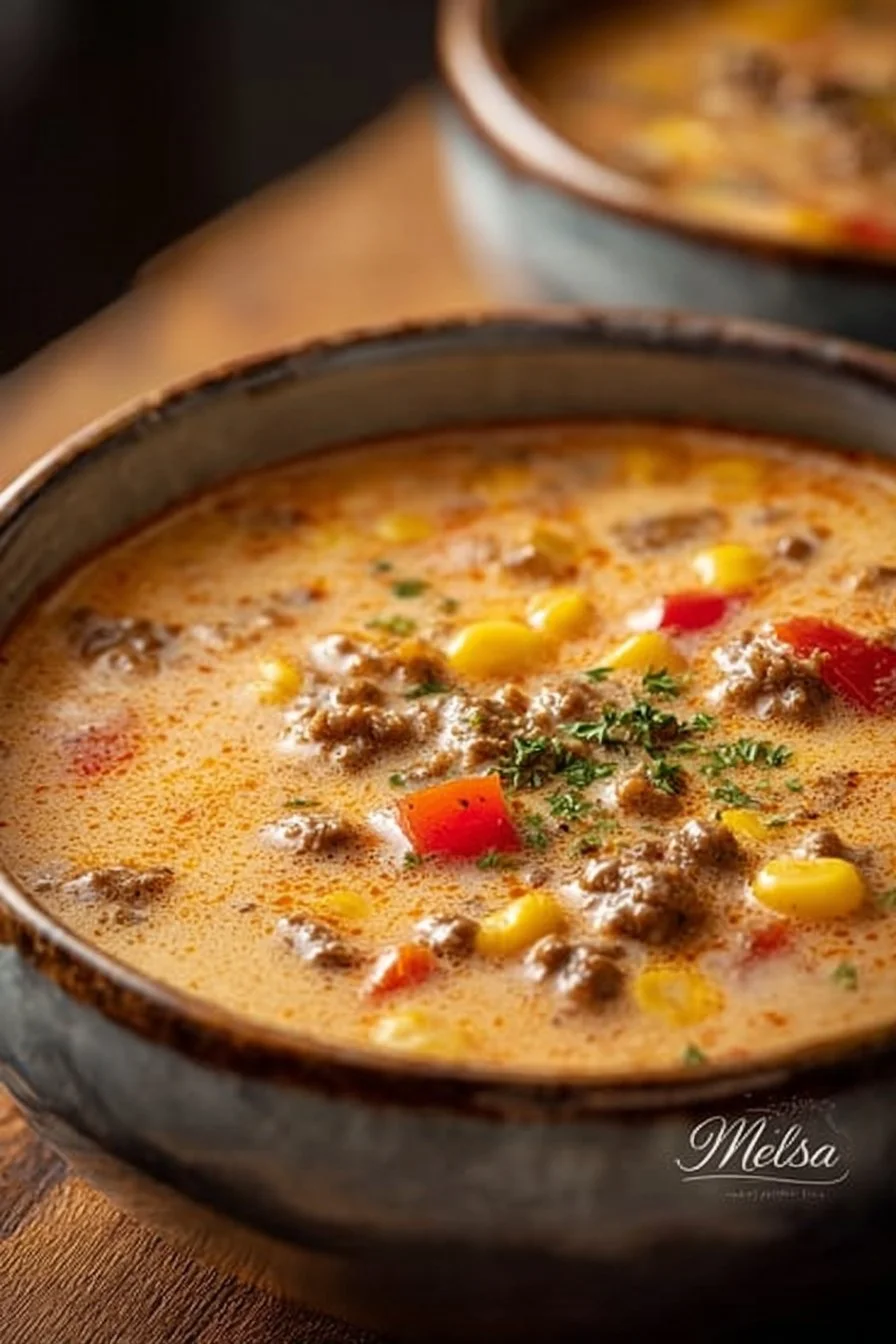 Bowl of creamy cowboy soup topped with herbs and served with bread.
