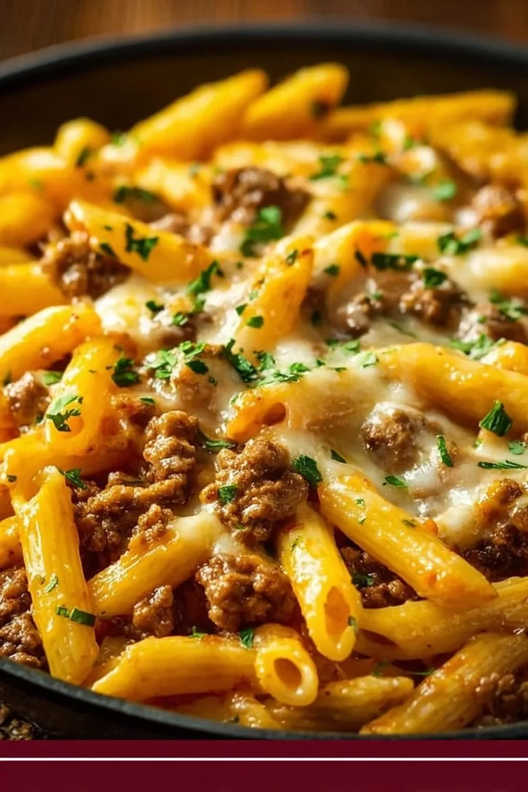 Creamy high protein beef pasta served in a bowl with fresh herbs