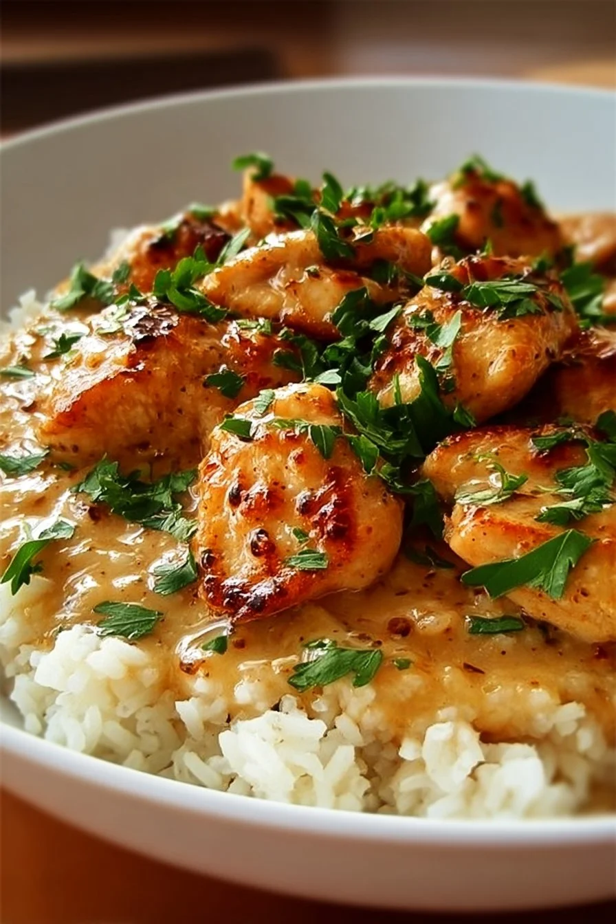 Delicious creamy skillet smothered chicken served with rice