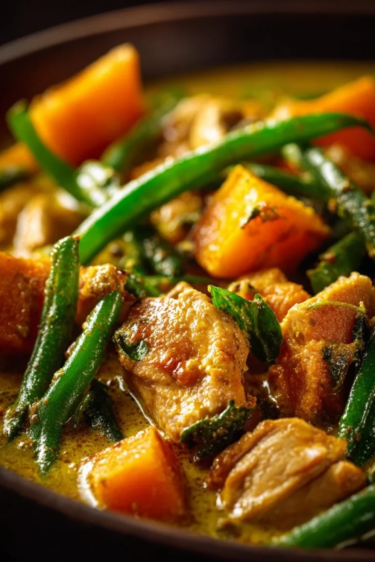 Creamy Thai red curry with fresh vegetables and aromatic herbs