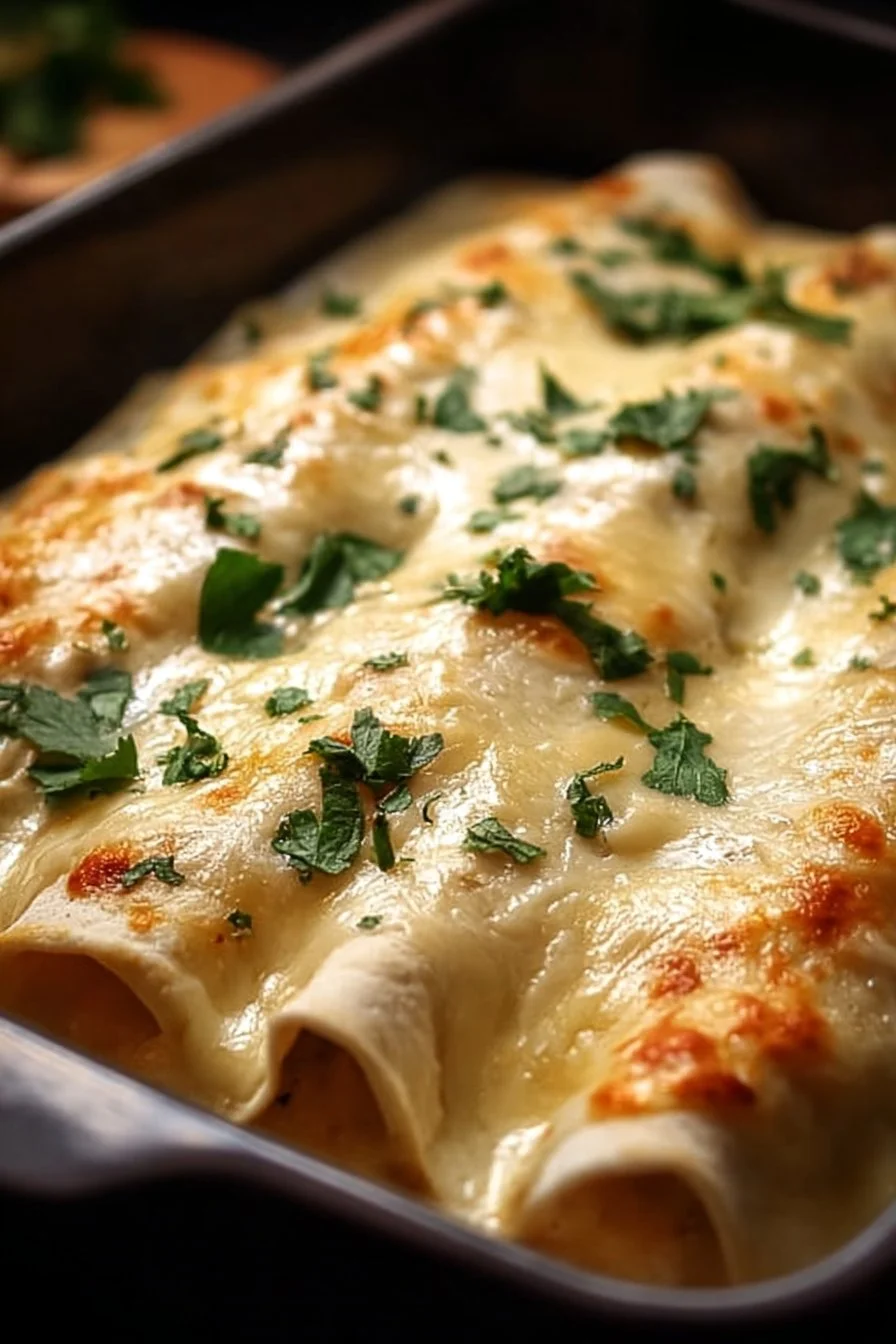 Delicious creamy white chicken enchiladas served on a plate
