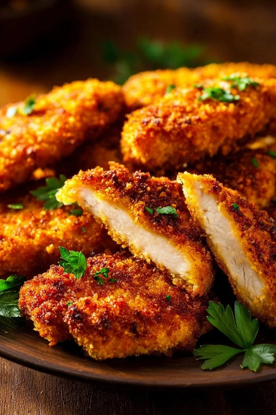Crispy Air Fryer Parmesan Crusted Chicken served with a side of vegetables