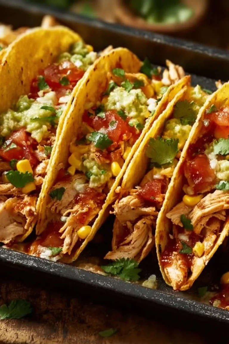 Plate of crispy baked chicken tacos garnished with fresh toppings