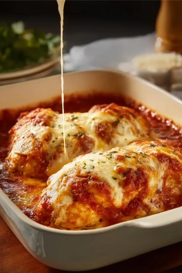 Crispy Chicken Parmigiana Bake with melted cheese and golden breadcrumbs